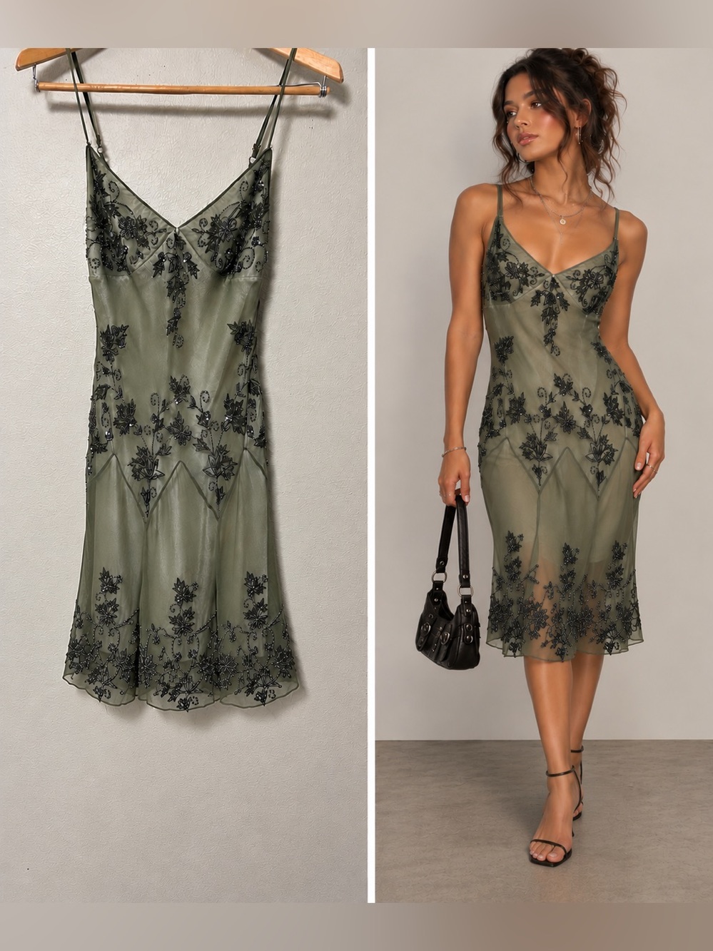 Adrianna Papell Beaded Silk Chiffon Midi Fairy Dress Women’s Babydoll Y2K Sz P2
